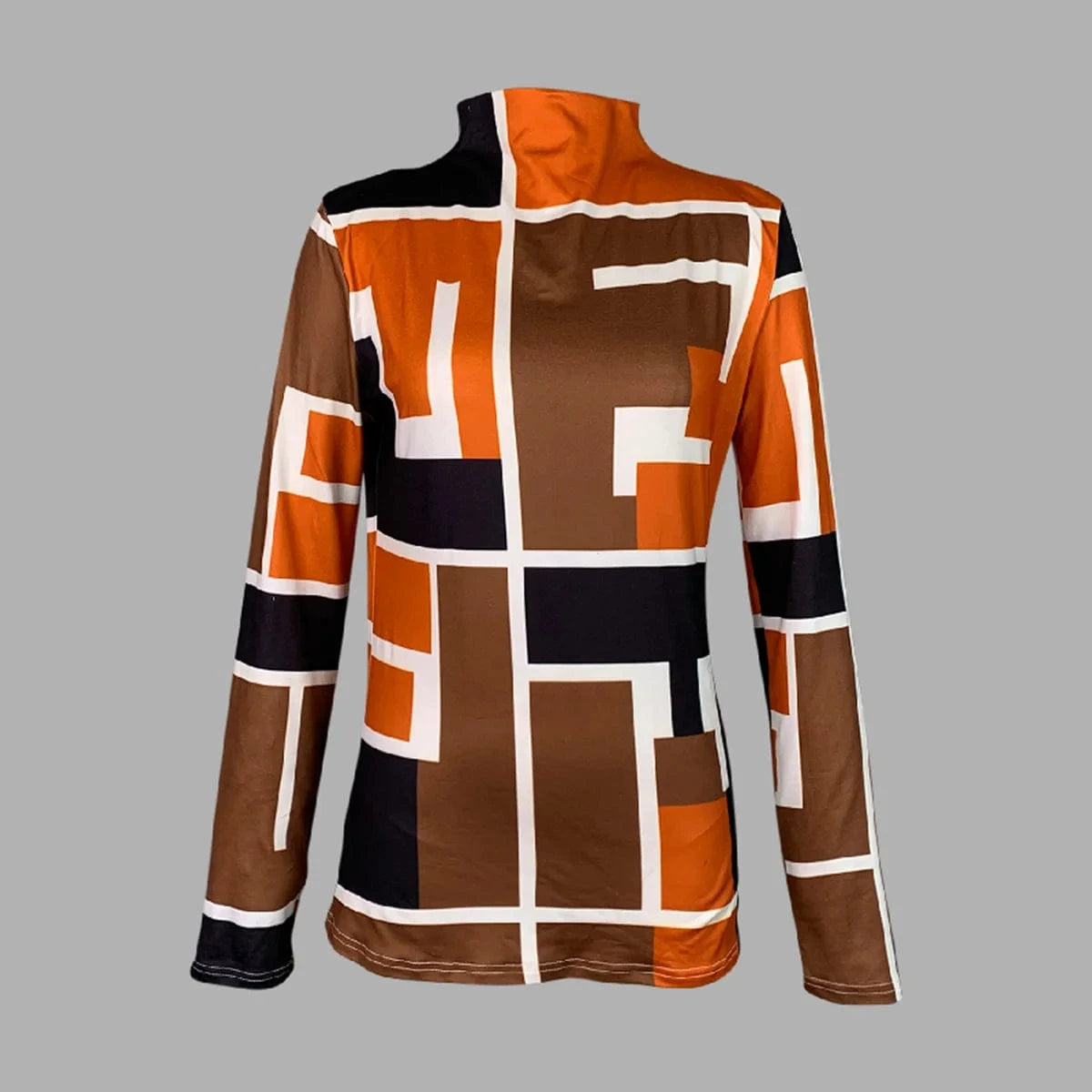 Pullover High Neck T-Shirts Tops Geometric Printed Long Sleeves Skinny Simple Fashion Autumn Winter famale clothing