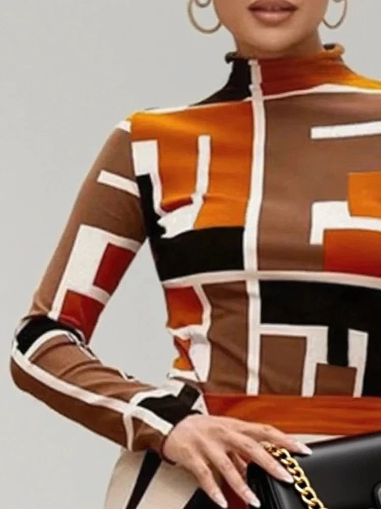 Pullover High Neck T-Shirts Tops Geometric Printed Long Sleeves Skinny Simple Fashion Autumn Winter famale clothing