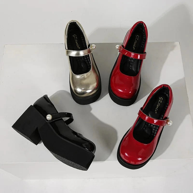 Punk Platform Patent Leather Women Pumps Thick Bottom High Heels Red Mary Jane Shoes Japanese Style Lolita Shoes Big Size 42