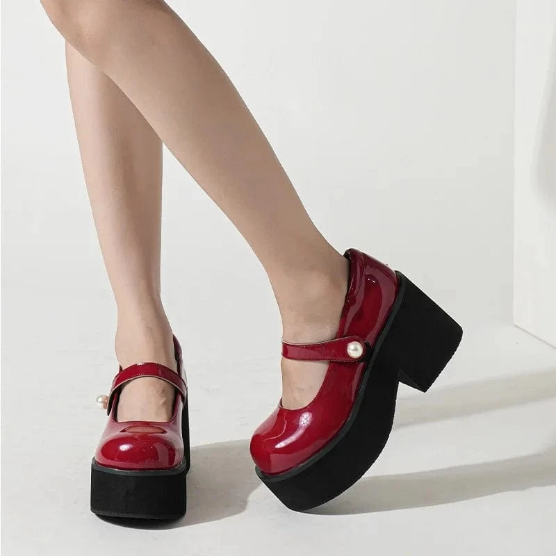 Punk Platform Patent Leather Women Pumps Thick Bottom High Heels Red Mary Jane Shoes Japanese Style Lolita Shoes Big Size 42