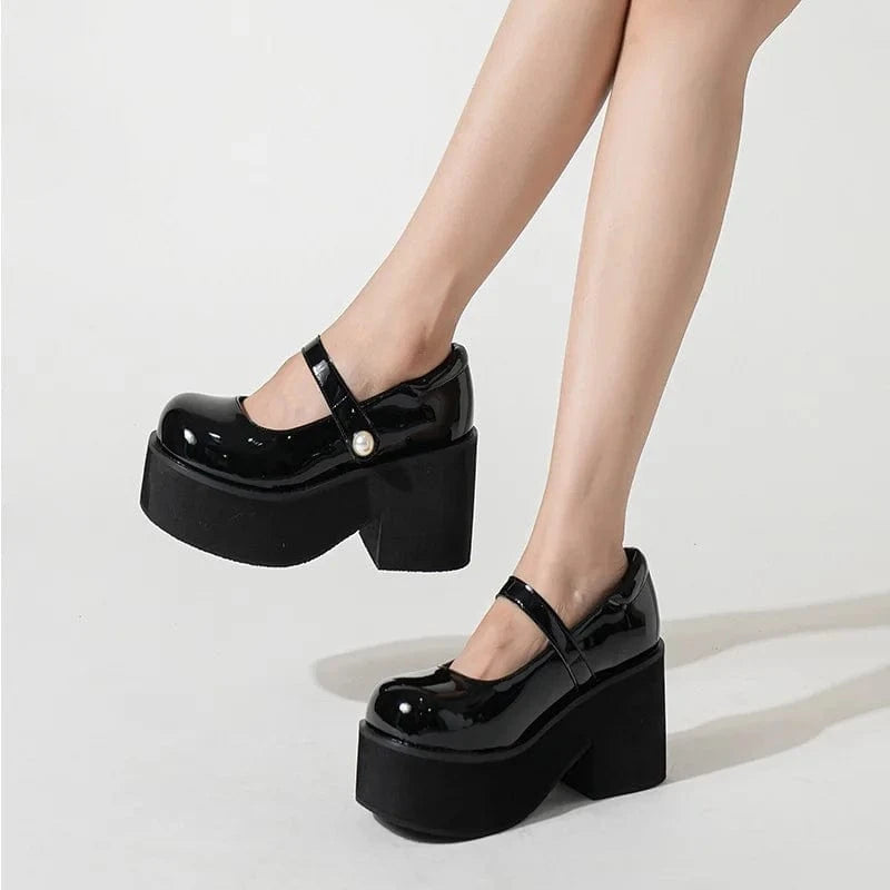 Punk Platform Patent Leather Women Pumps Thick Bottom High Heels Red Mary Jane Shoes Japanese Style Lolita Shoes Big Size 42