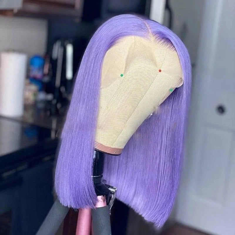 Purple / 10 Inches Green Blue Color Short Bob Cuticle Aligned Virgin Human Hair Transparent Lace Front Wigs
