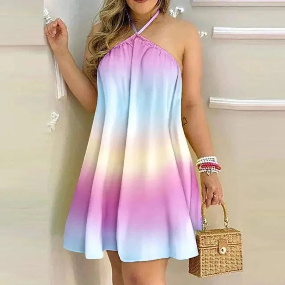 PURPLE / 2XL Plus Size Dresses For Woman 2023 Sexy Sleeveless Backless Short Mini Dress Loose Halter Neck Print Beach Sundress Floral Vestido