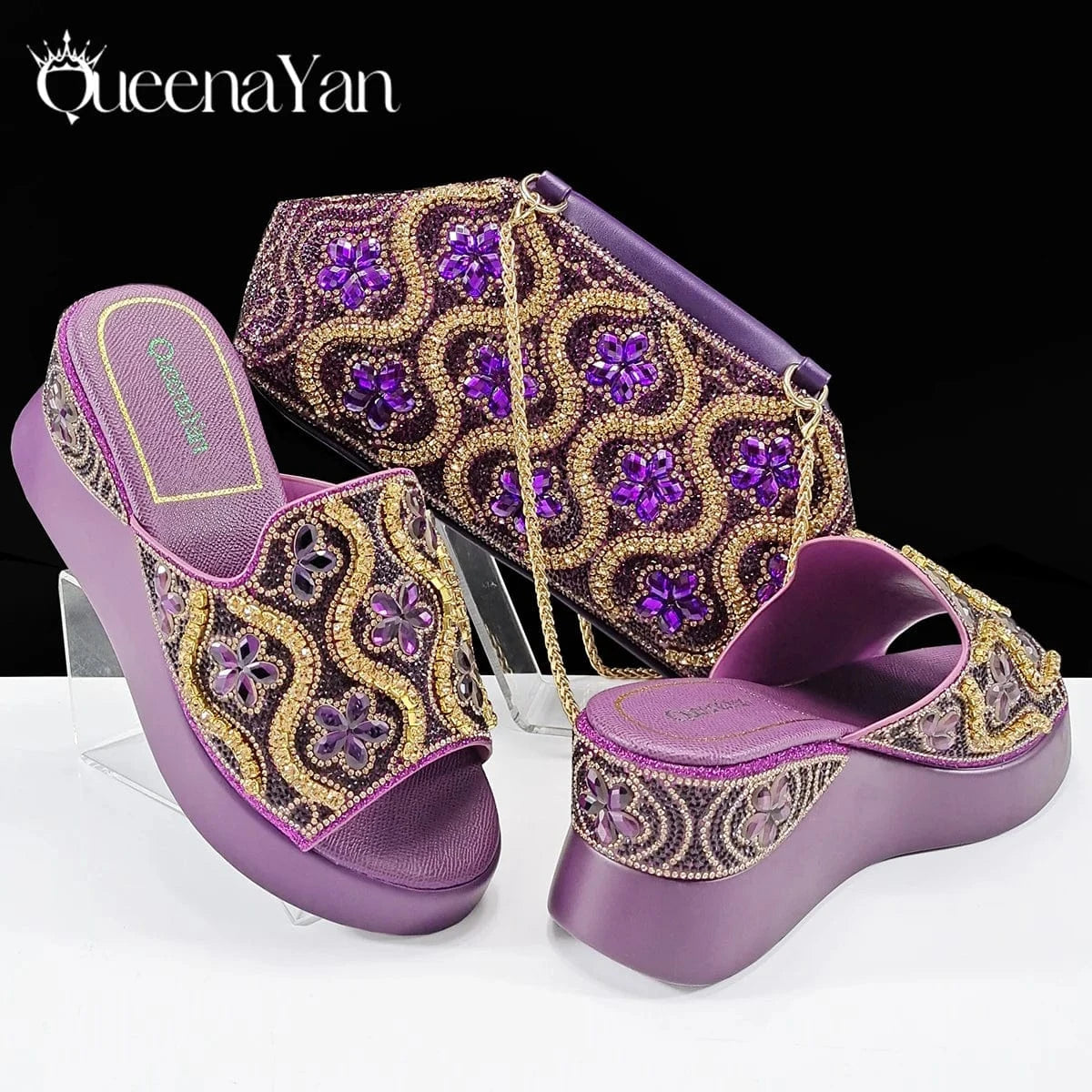 Purple / 39 / CHINA Queena Yan High Quality 2025 Newst Hot Selling Open Toe Slingback Sandals with Bag Set in Green Color For Women Wedding Party