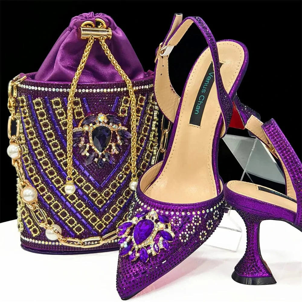 Purple / 40 Turkey African Italian Luxury Fashion Party Ladies Shoes Set Women Matching Bag for Women