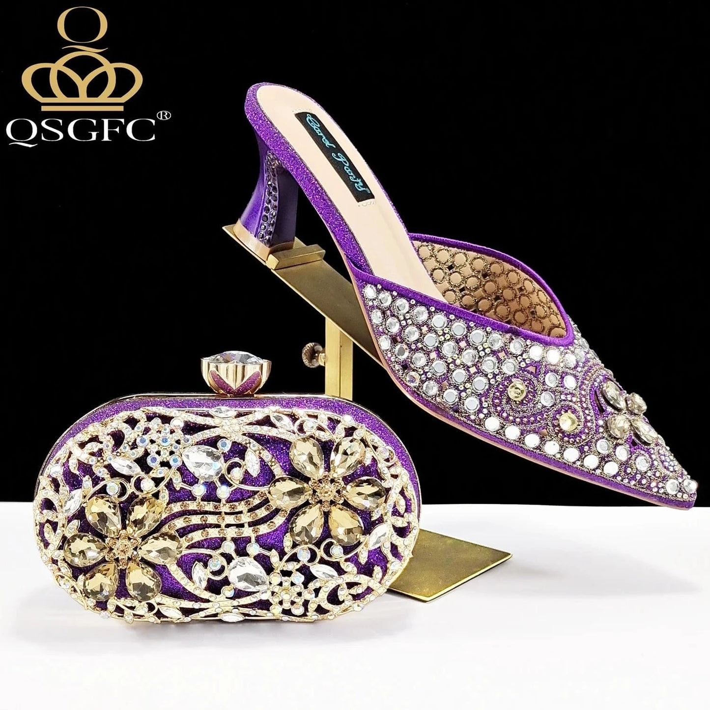 PURPLE / 43 / CHINA QSGFC New Design Specials Italian Women Heels Shoes and Bag in Pink Color Comfortable Heels With Rhinestone for Part