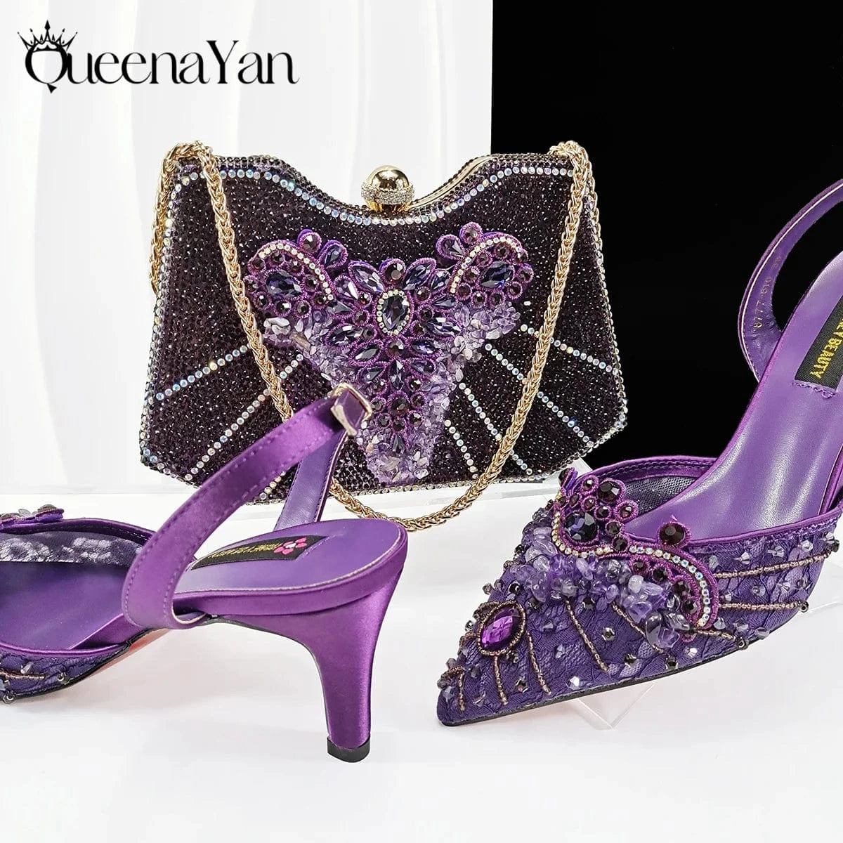 Purple / 43 / CHINA Queena Yan Women High Heel Party For Purple Color Shoes and Bag Set Rhinestone Handbag Italian Design Wedding INS 2025