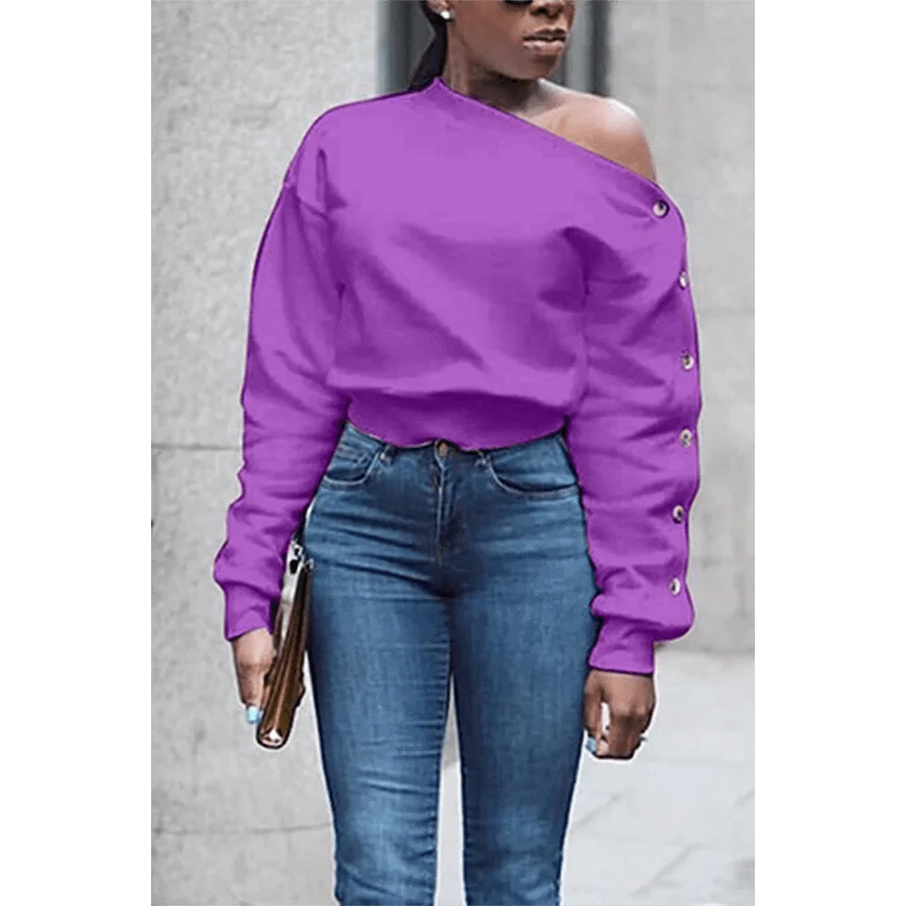 PURPLE / 5XL Plus Size Daily Top White Oblique Collar Solid Button Top One Shoulder Long Sleeve Blouse