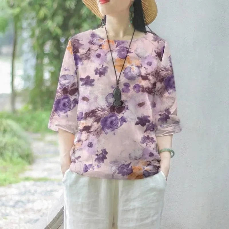 purple / 5XL ZANZEA Women Cotton Linen Blouses 2024 Summer Bohemian Floral Printed Blusas Fashion 3/4 Sleeve O-Neck Top Casual Loose Shirts