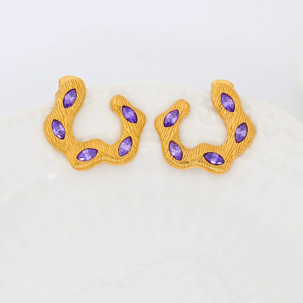 Purple FANJIN Wholesale Fashion New Custom Candy Color Stainless Steel Jewelry Iced Out Cubic Zircon Baguette Stud Open Hoop Earrings