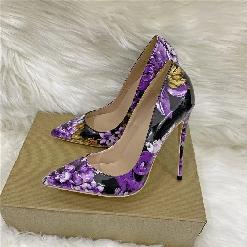 Purple Flower Elegant Women Shoes 2024 New Glossy Plus Size Pointed Toe Stilettos 12CM Fashion Party Pumps High Heels