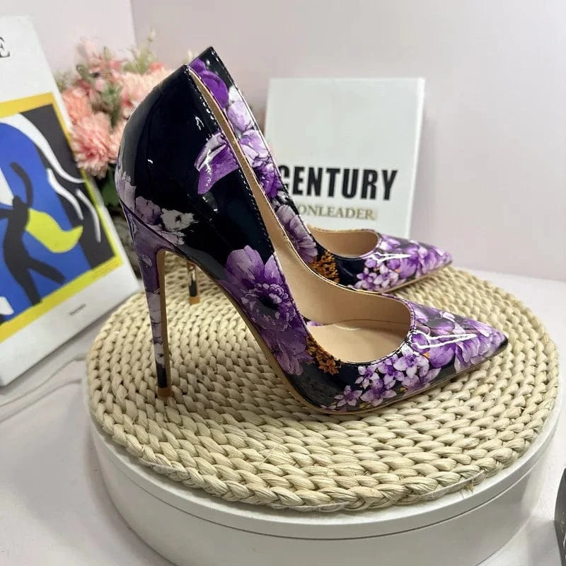 Purple Flower Elegant Women Shoes 2024 New Glossy Plus Size Pointed Toe Stilettos 12CM Fashion Party Pumps High Heels