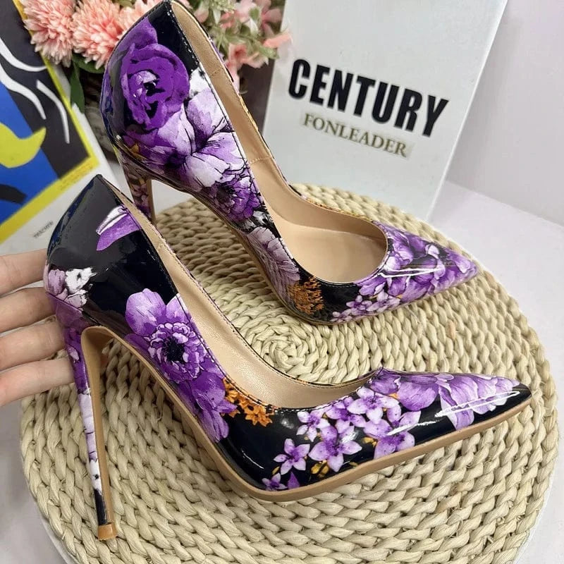 Purple Flower Elegant Women Shoes 2024 New Glossy Plus Size Pointed Toe Stilettos 12CM Fashion Party Pumps High Heels