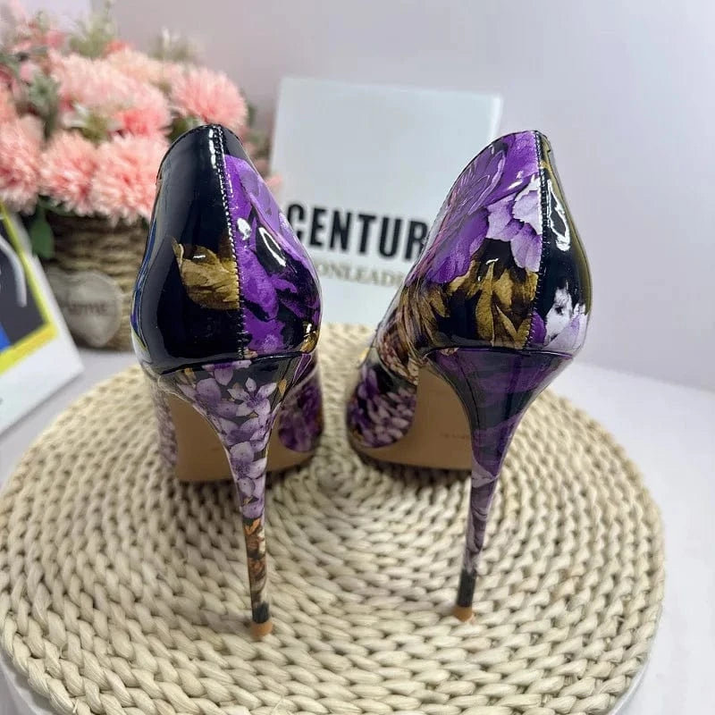 Purple Flower Elegant Women Shoes 2024 New Glossy Plus Size Pointed Toe Stilettos 12CM Fashion Party Pumps High Heels