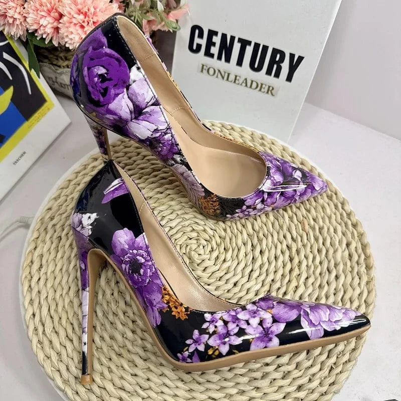 Purple Flower Elegant Women Shoes 2024 New Glossy Plus Size Pointed Toe Stilettos 12CM Fashion Party Pumps High Heels