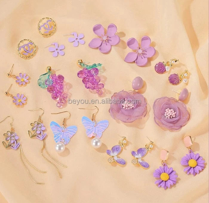 Purple Flower Series Fabric Acrylic Ear Stud Fashion Pierce Wedding Holiday Party Earring Jewelry Gift
