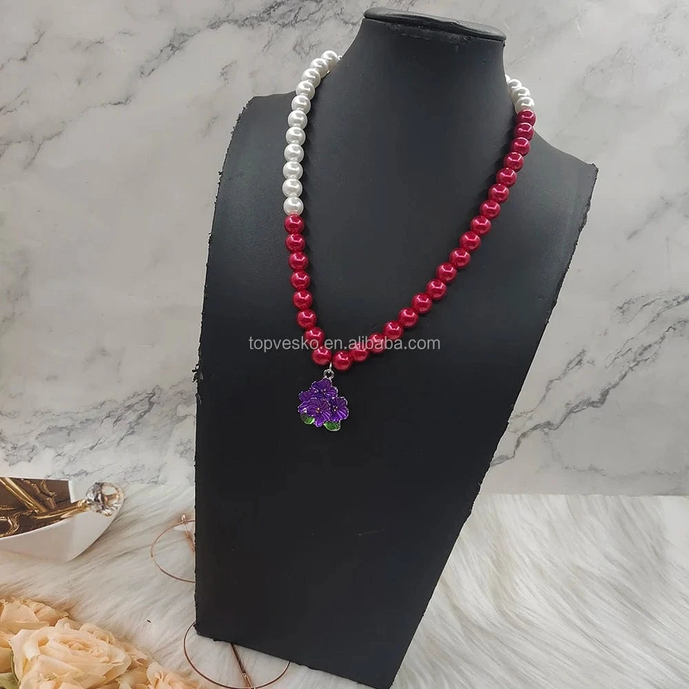 Purple Handmade Greek Sorority Pearl Purple Flower Pendant Necklace Women Jewelry Accessory Gift