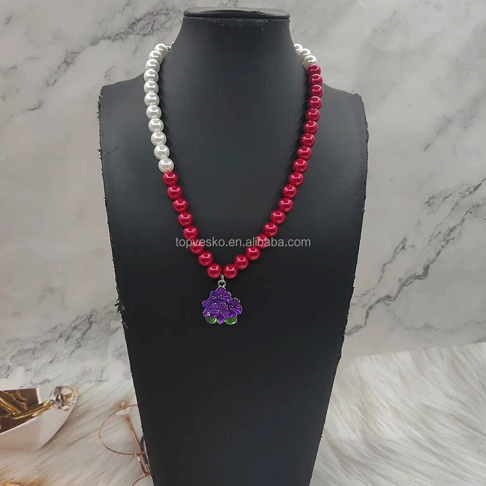 Purple Handmade Greek Sorority Pearl Purple Flower Pendant Necklace Women Jewelry Accessory Gift