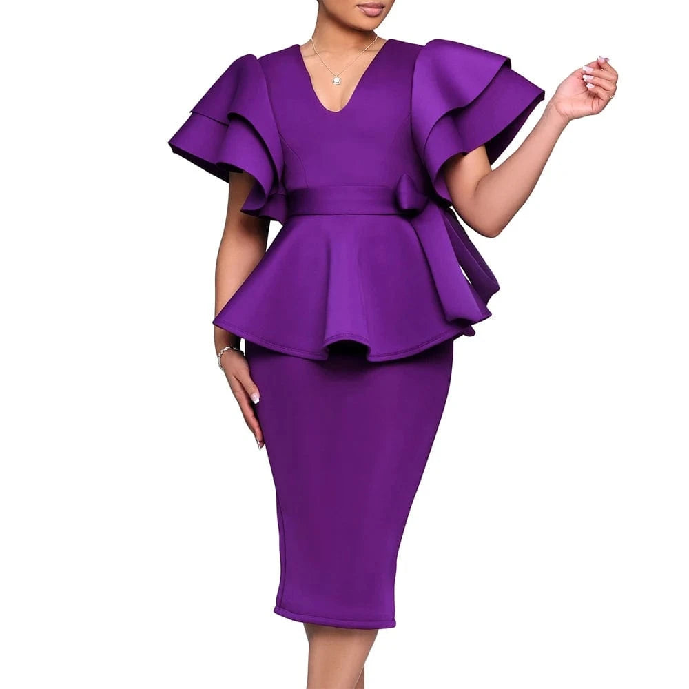 Purple / L Women Short Sleeve V-Neck Ruffle Sleeve Peplum Bodycon Midi Dress 2025 Latest Fashion Summer African OL Work Evening Party Dress