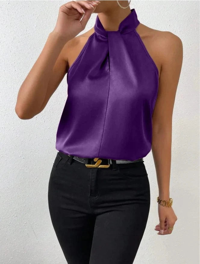 purple / M Women's Tops 2025 Summer New European and American Clothes Satin Halter Sleeveless Vest Sexy Commuting Satin Simulated Silk Top