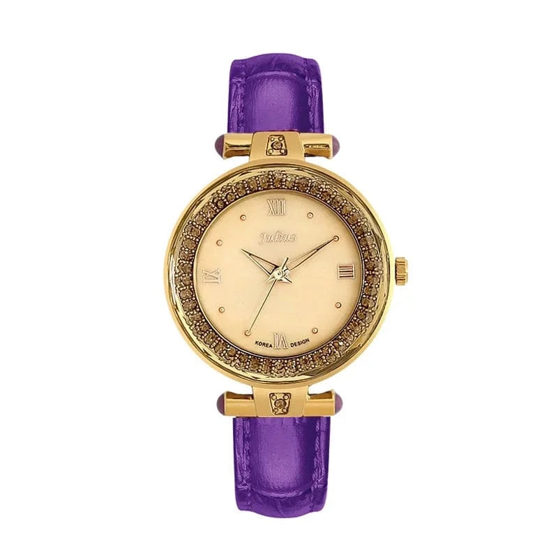 PURPLE Mother-of-pearl Rhinestones Julius Lady Women's Watch Fashion Hours Bracelet Real Leather Girl's Birthday Gift Box
