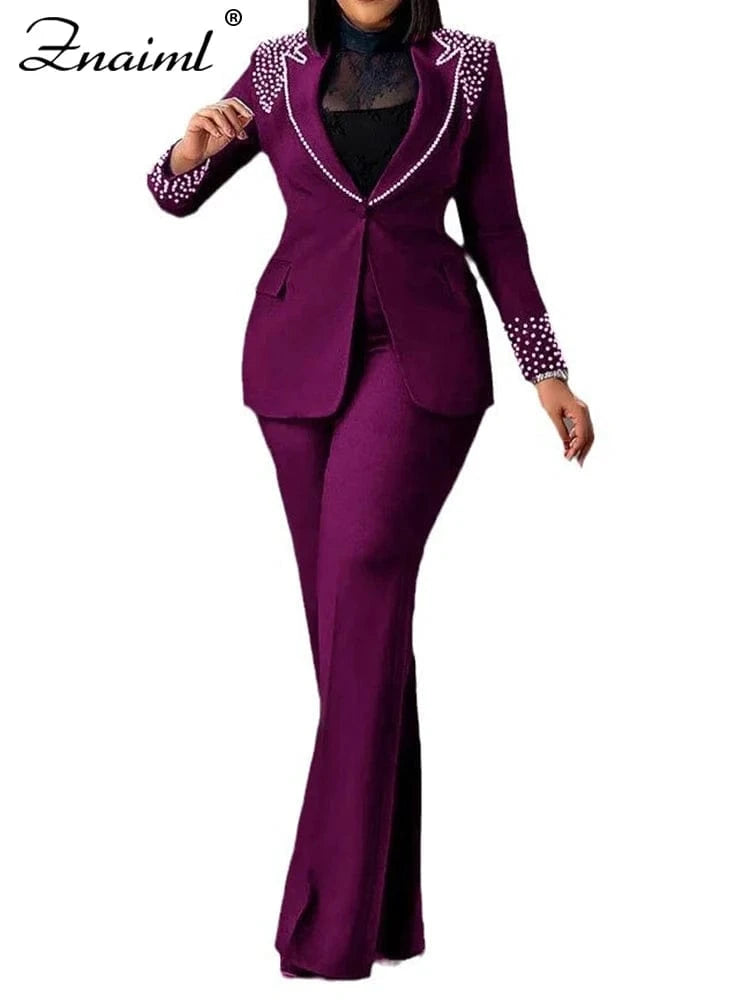 purple sets / M Znaiml Elegant Formal Office Lady Two 2 Pieces Women Clothing Pearls Blazer Coat and Straight Pants Work Business Matching Sets