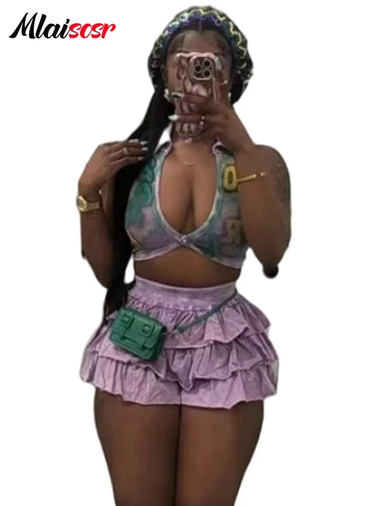 purple sets / XXL Mlaiscsr Summer Women's Sexy 2 Piece Sleeveless V-Neck Crop Tops and Tiered Ruffles Shorts Skirts Sets Beach Vacation Outfits