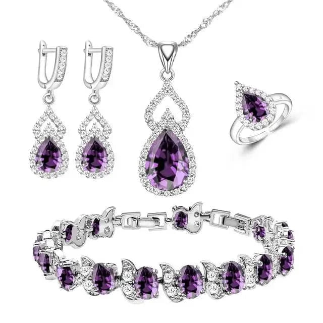 Purple Women Silver 925 Custom Jewelry Sets Red Garnet Earrings Necklace Open Ring Bracelets Set for Mom/Wife/Friend