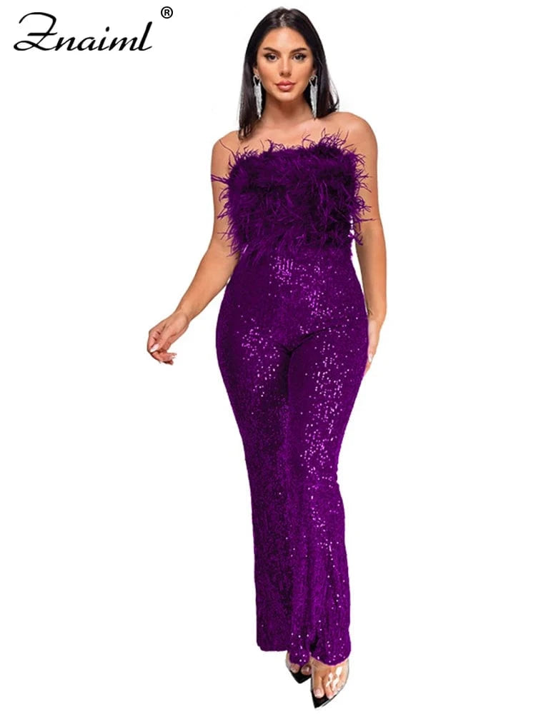 PURPLE / XL Znaiml New Luxury Sequins Jumpsuit with Colorful Feathers Sleeveless Shiny Dress Women's Evening Birathday One Pieces Rompers
