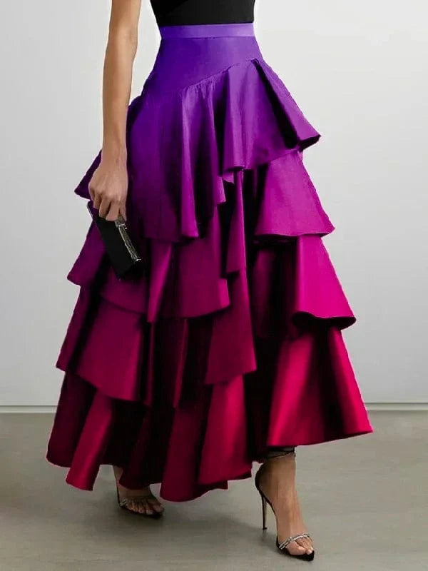 PURPLE / XXL Beautyblue Elegant Party Dresses for Women 2025 Gradient Long Skirts Fashion A-Line Falbala High Waisted Bottoms Skirt Female
