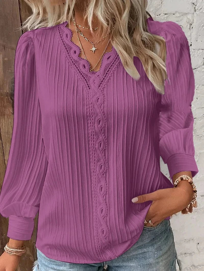 PURPLE / XXL Elegant Summer Hollow Lace Patchwork Women Shirt Chic Blouse V Neck Long Sleeve Shirt Plain Lace Casual Basic Regular Tops
