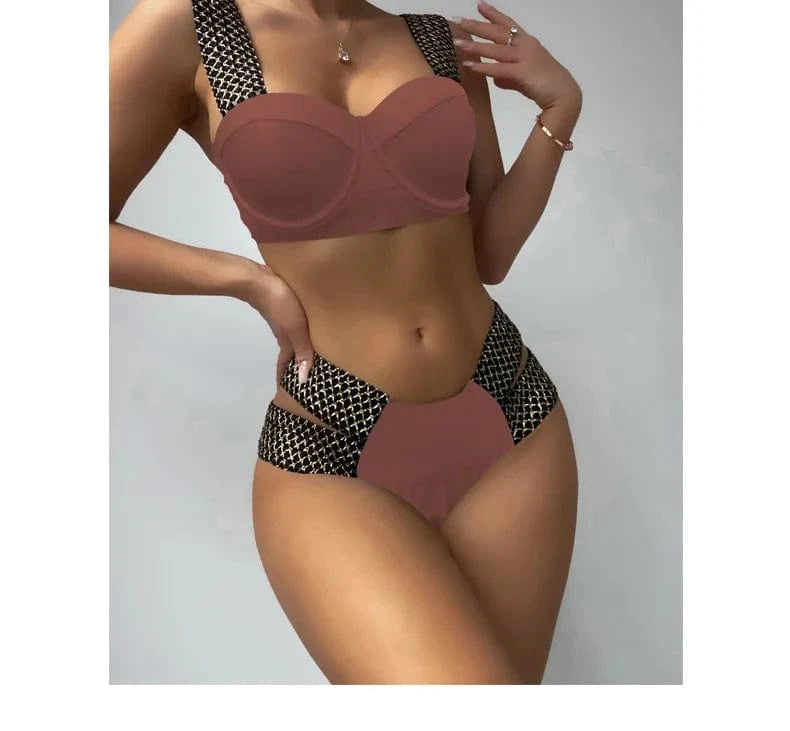 Push Up Swimsuit 2024 Women Solid Vintage Patchwork Swimwear High Waist Swimwear Bathing Suit
