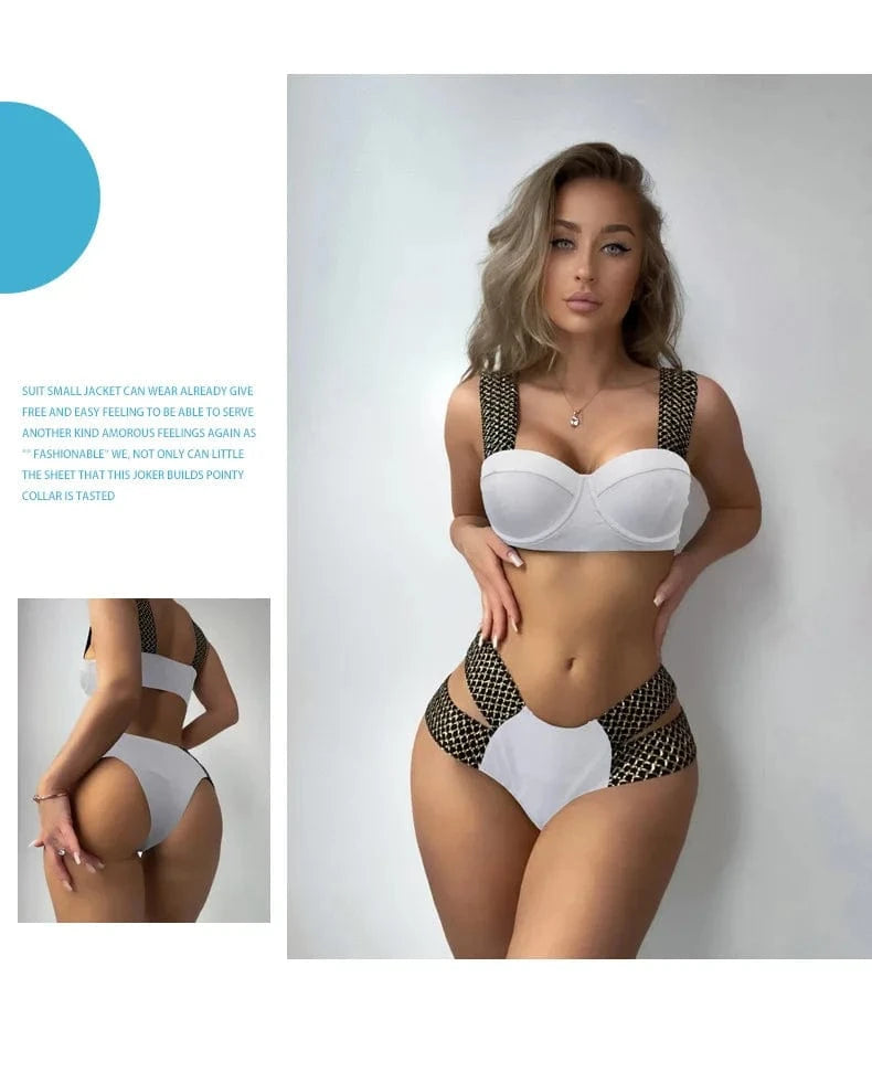 Push Up Swimsuit 2024 Women Solid Vintage Patchwork Swimwear High Waist Swimwear Bathing Suit