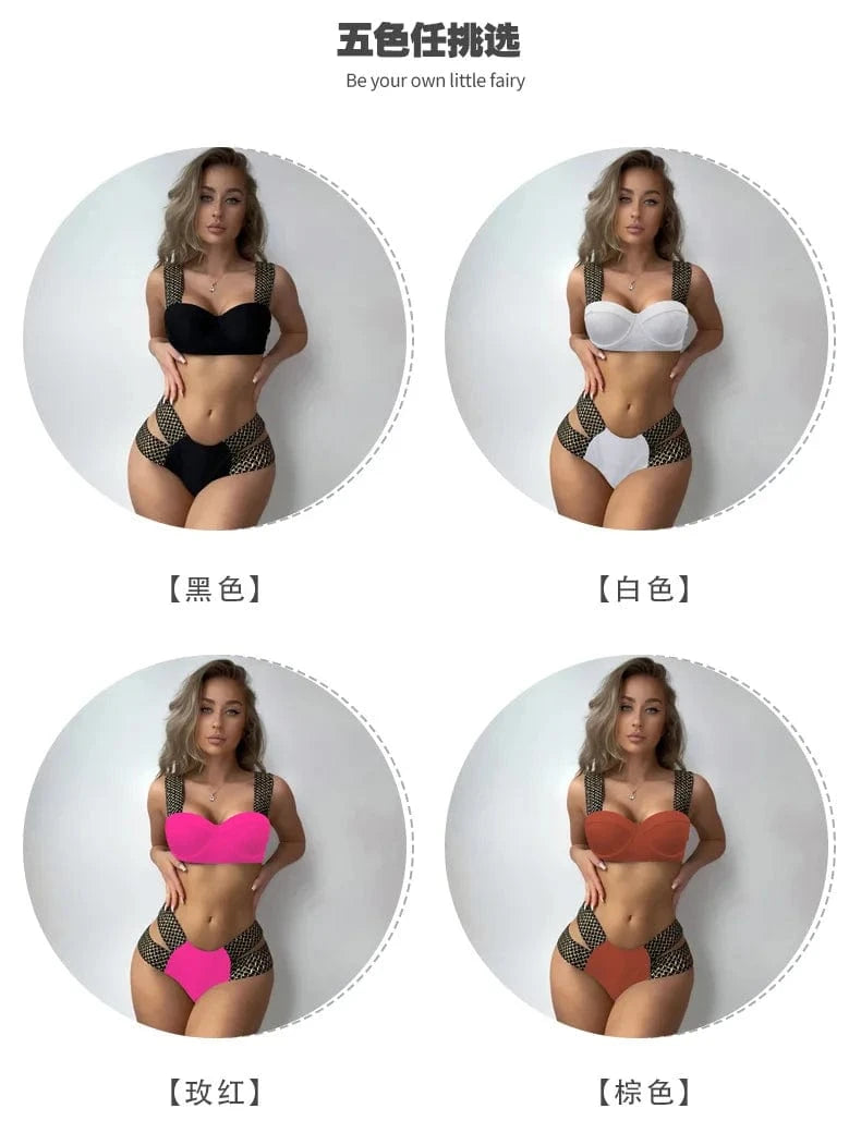 Push Up Swimsuit 2024 Women Solid Vintage Patchwork Swimwear High Waist Swimwear Bathing Suit
