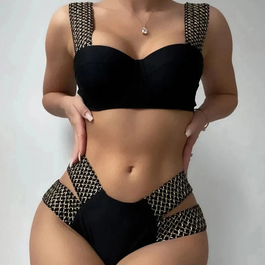 Push Up Swimsuit 2024 Women Solid Vintage Patchwork Swimwear High Waist Swimwear Bathing Suit