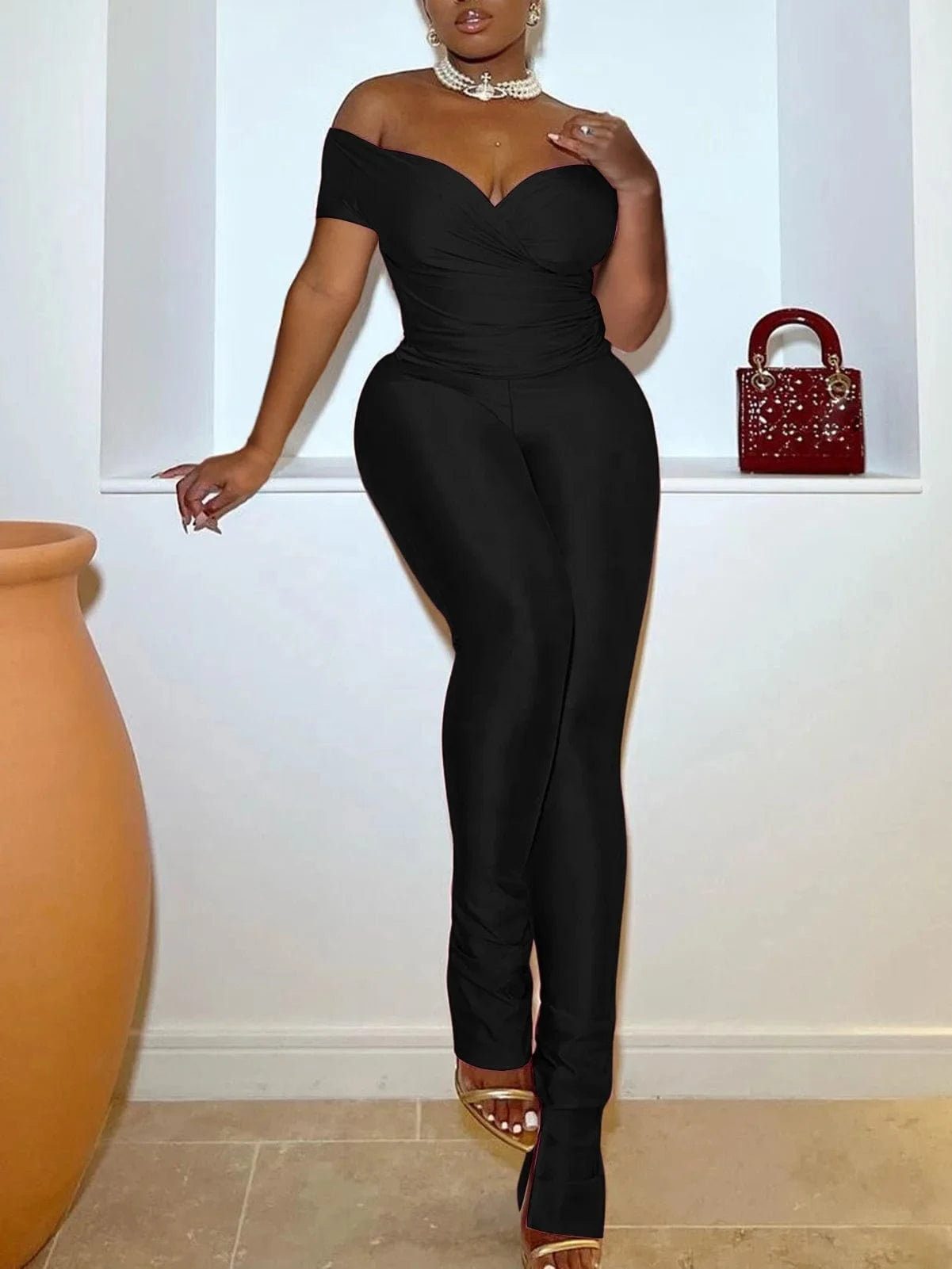Q24S8491 Wholesale 2024 spring summer sexy bodycon long pants off shoulder short sleeve crop tops casual 2 piece set women