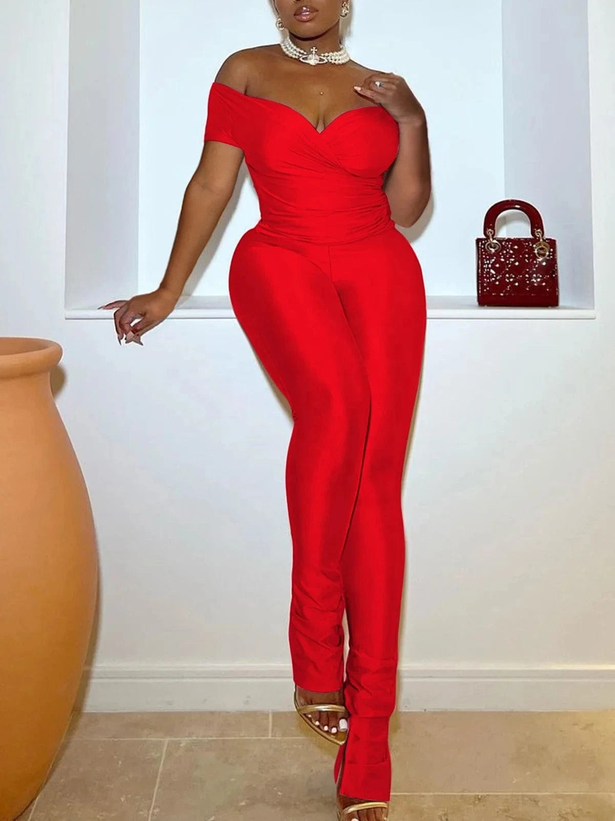 Q24S8491 Wholesale 2024 spring summer sexy bodycon long pants off shoulder short sleeve crop tops casual 2 piece set women