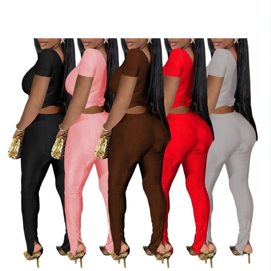 Q24S8491 Wholesale 2024 spring summer sexy bodycon long pants off shoulder short sleeve crop tops casual 2 piece set women