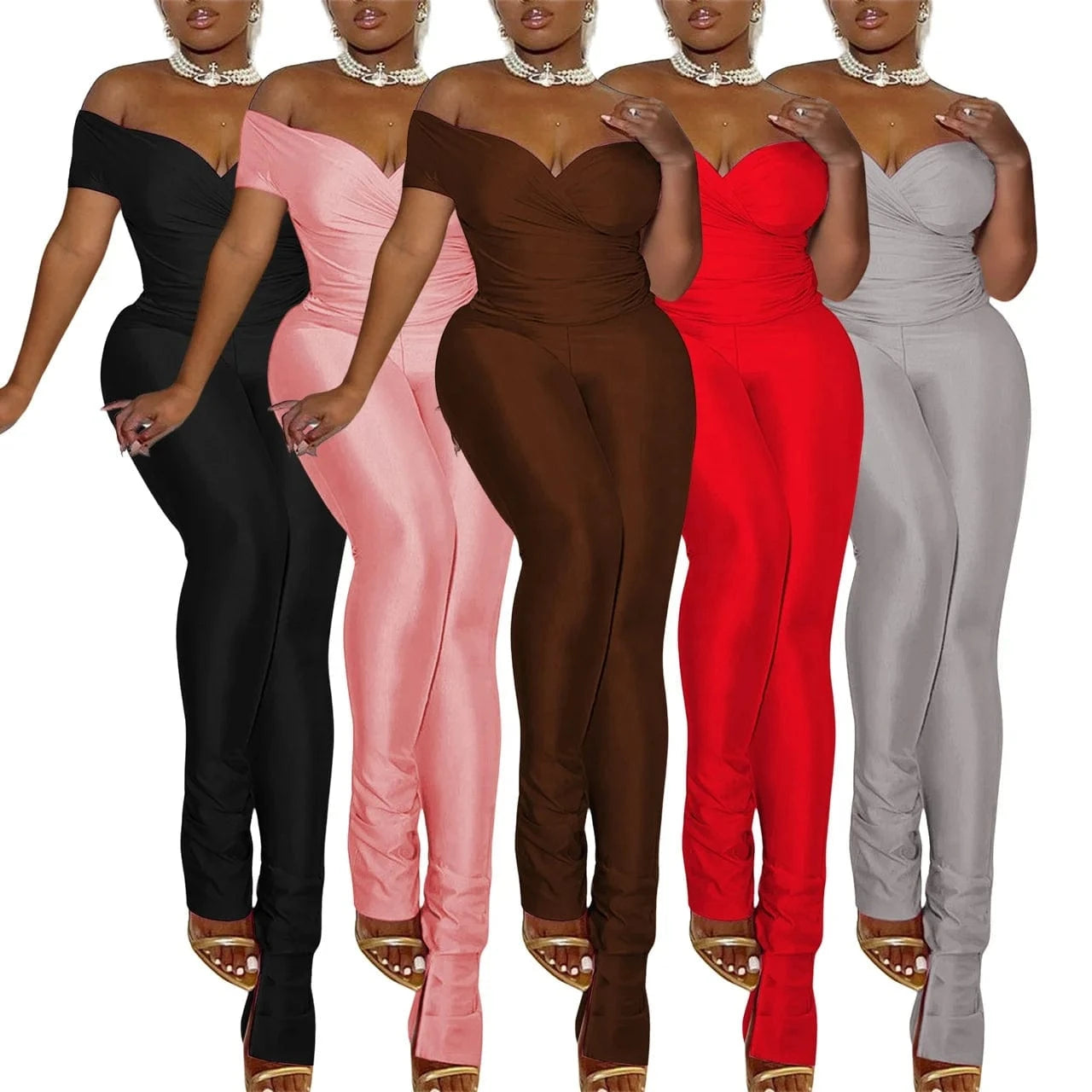 Q24S8491 Wholesale 2024 spring summer sexy bodycon long pants off shoulder short sleeve crop tops casual 2 piece set women