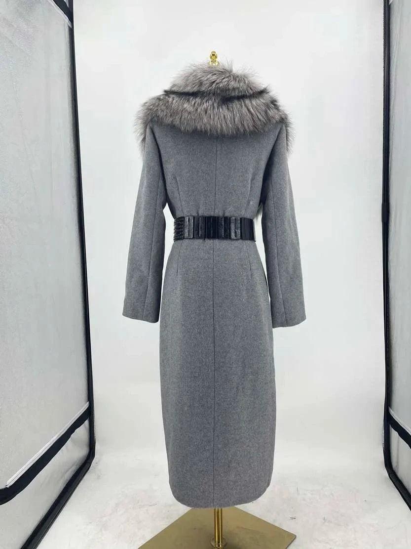 QIUCHEN QC21149 Fashion Winter Women Elegant Sexy Belt Luxury Woolen Jacket Cashmere Coat With Fox Fur