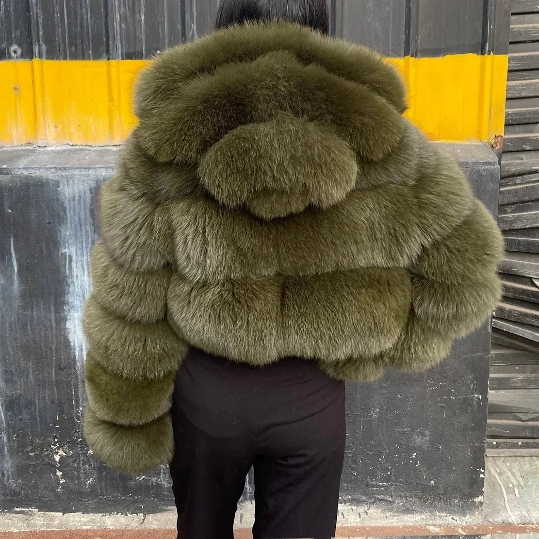 QIUCHEN QC21159 Cropped Hooded Jacket Custom Color Label ladies winter warm fluffy fur real fox fur coat