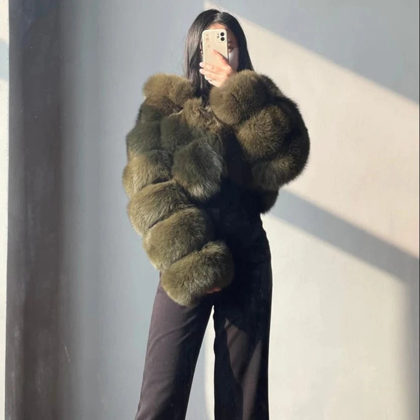 QIUCHEN QC21159 Cropped Hooded Jacket Custom Color Label ladies winter warm fluffy fur real fox fur coat