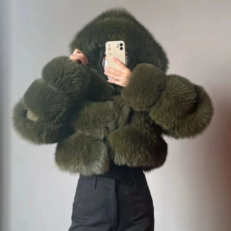 QIUCHEN QC21159 Cropped Hooded Jacket Custom Color Label ladies winter warm fluffy fur real fox fur coat