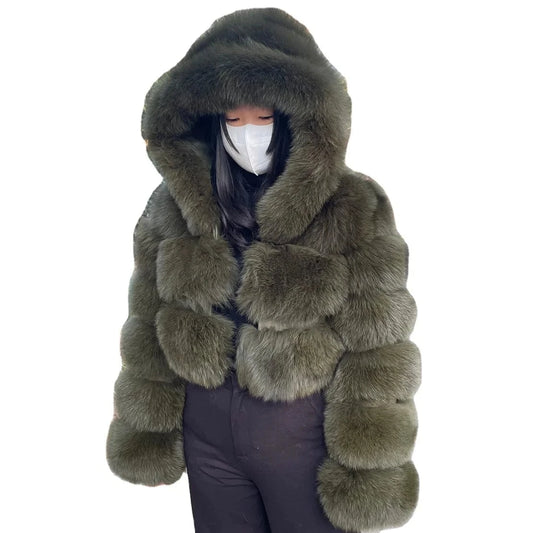 QIUCHEN QC21159 Cropped Hooded Jacket Custom Color Label ladies winter warm fluffy fur real fox fur coat
