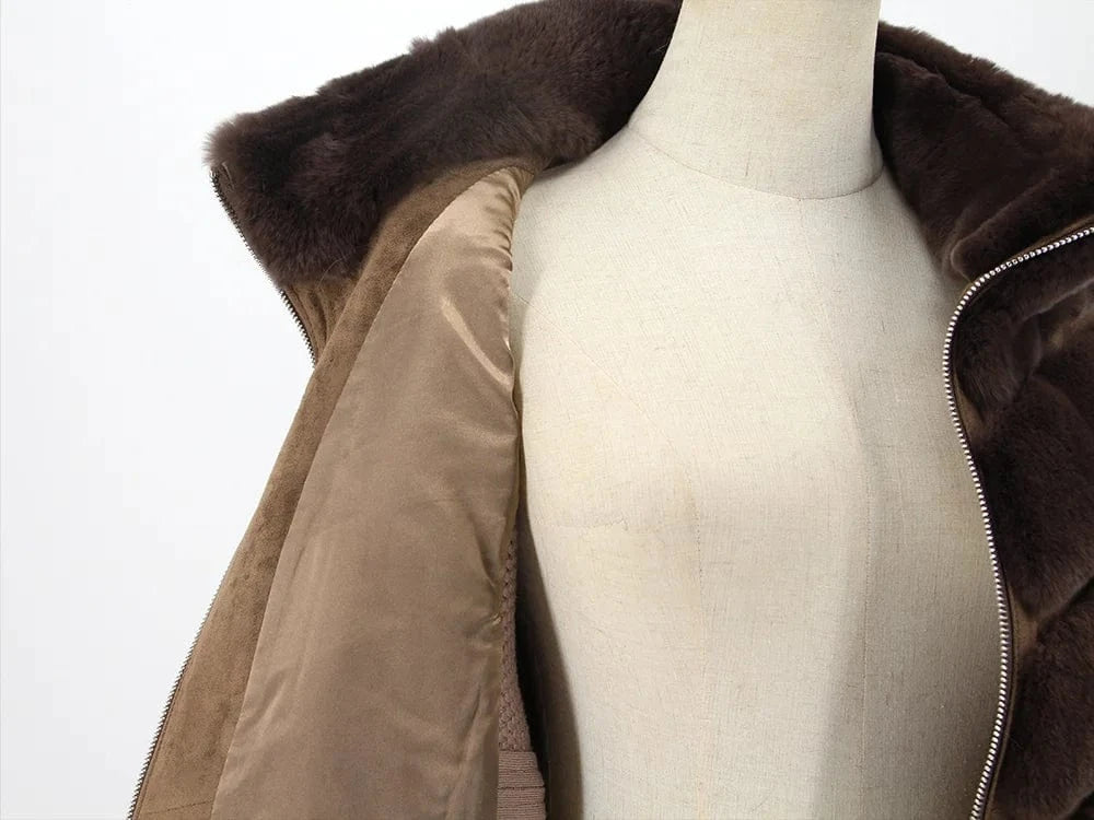 QIUCHEN QC22118 Ladies Knit Zipper Jacket Batwing Dolman Sleeved Coat With Real Rabbit Fur