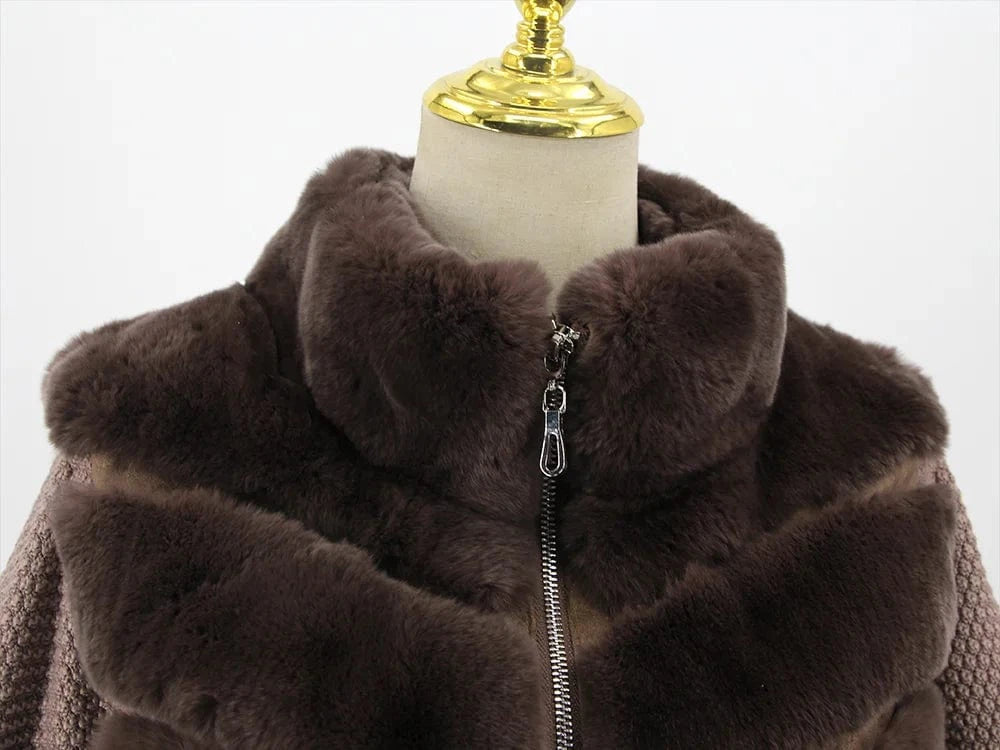 QIUCHEN QC22118 Ladies Knit Zipper Jacket Batwing Dolman Sleeved Coat With Real Rabbit Fur