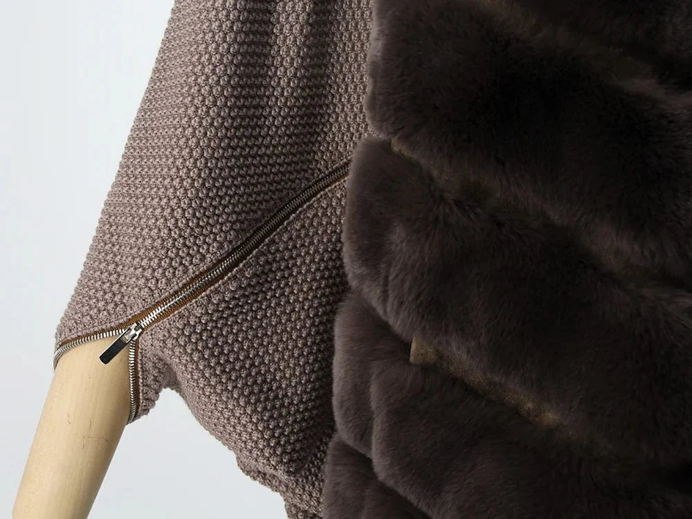 QIUCHEN QC22118 Ladies Knit Zipper Jacket Batwing Dolman Sleeved Coat With Real Rabbit Fur