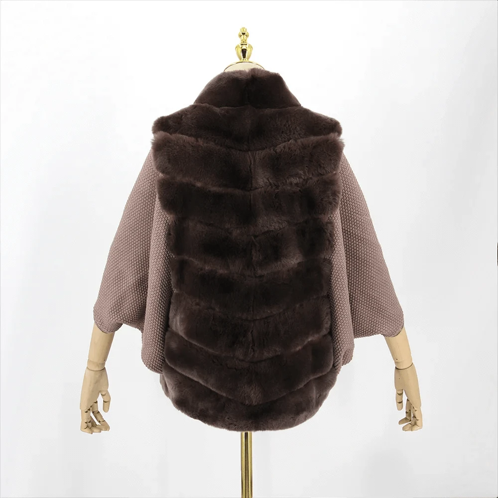 QIUCHEN QC22118 Ladies Knit Zipper Jacket Batwing Dolman Sleeved Coat With Real Rabbit Fur