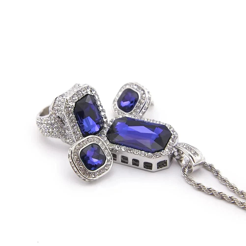 Qiuhan Blingbling Hip Hop Gem Ring Earrings Pendant Necklace Jewelry Set Gift