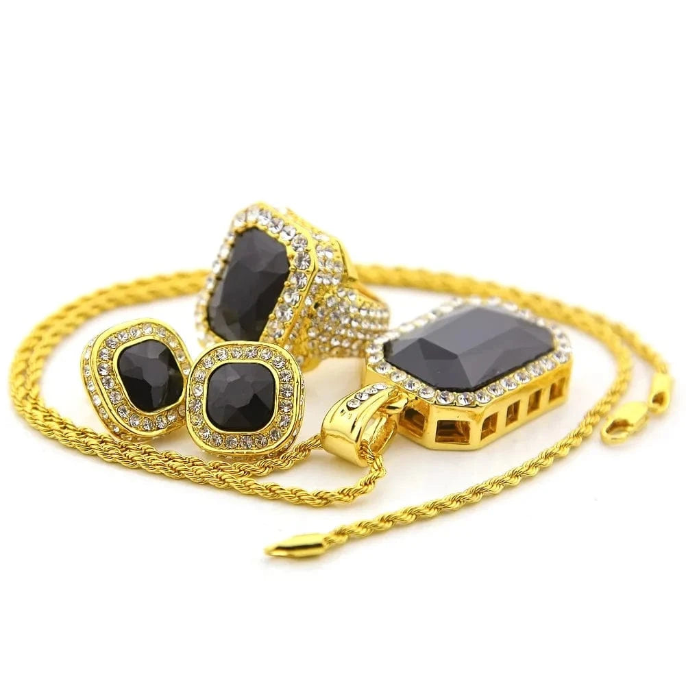 Qiuhan Blingbling Hip Hop Gem Ring Earrings Pendant Necklace Jewelry Set Gift